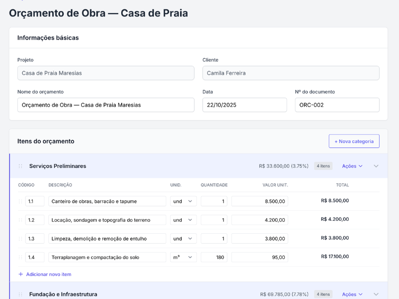 Orçamento profissional com itens, valores e total para envio ao cliente por link