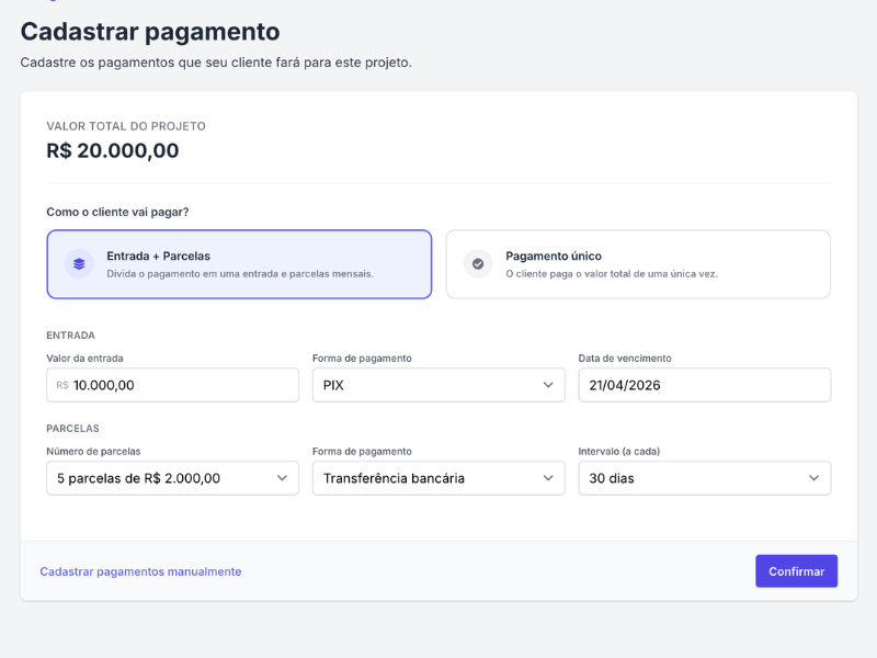 Cronograma de parcelas de pagamento do projeto com status de pendente e pago