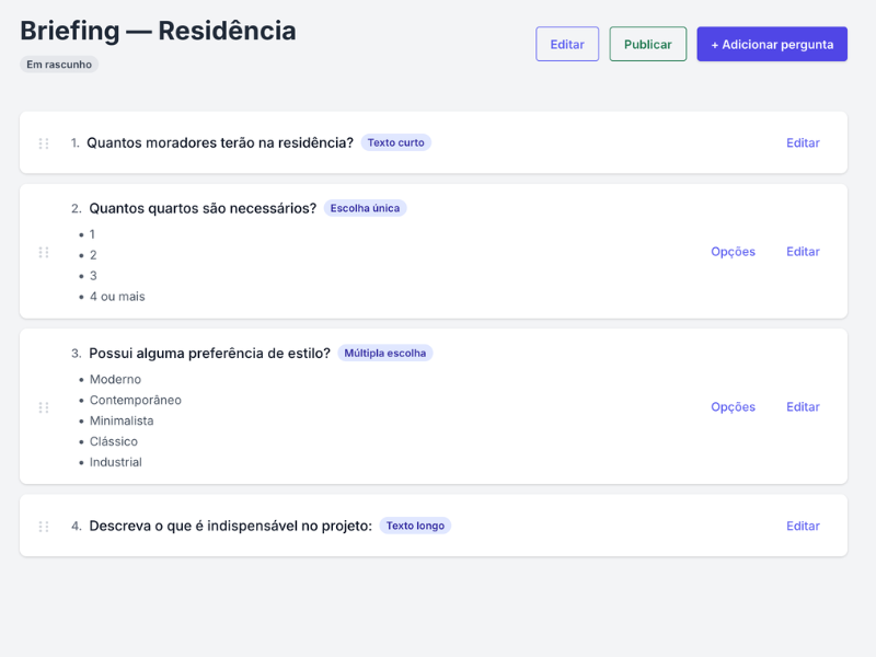 Questionário de briefing estilo Typeform com uma pergunta em destaque por tela