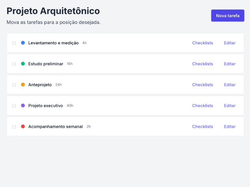 Catálogo de serviços do escritório com tarefas pré-definidas reutilizáveis entre projetos