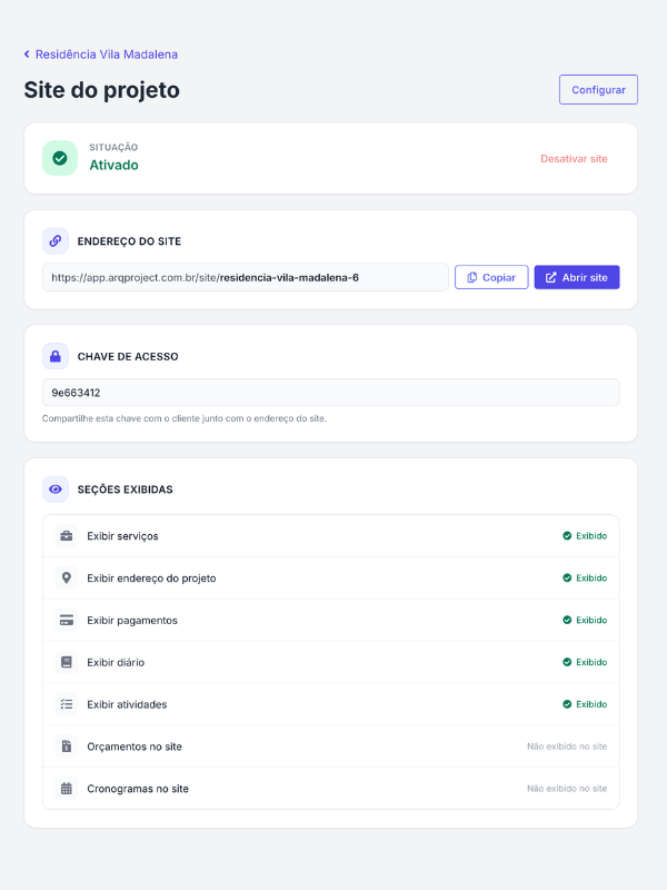 Painel de configuração do Site do projeto com toggles para ativar diário, cronograma, pagamentos e tarefas