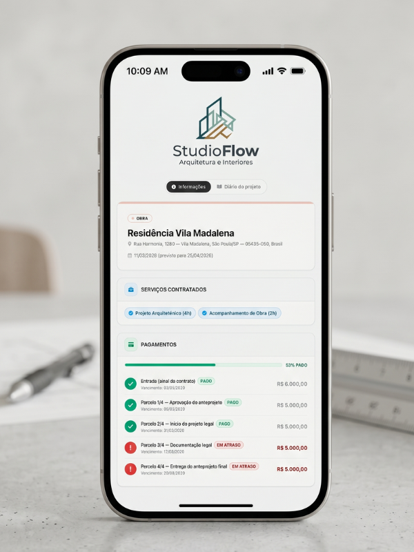 Versão mobile do Site do projeto exibindo diário de obra e progresso para o cliente